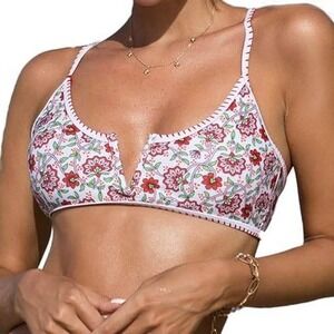 Unbranded Floral Bikini‎ Top Red White Tie Front Swim Summer Beach Small NWOT